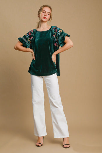 Umgee Velvet Top with Floral Embroidery in Hunter Green