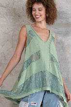 Load image into Gallery viewer, POL Sleeveless Lace Inset A-line Tunic Top in Emerald Sage  POL Clothing   
