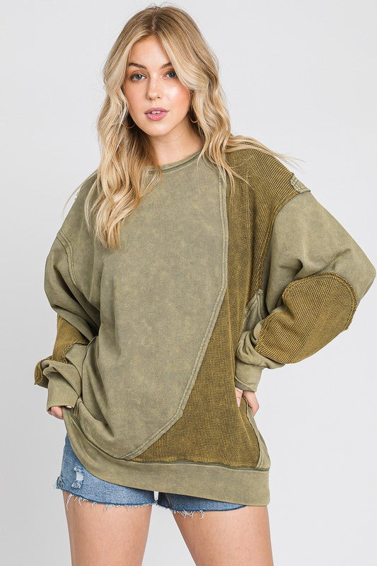 Sewn+Seen Solid Color French Terry Top with Thermal Patches in Vintage Olive Shirts & Tops Sewn+Seen   