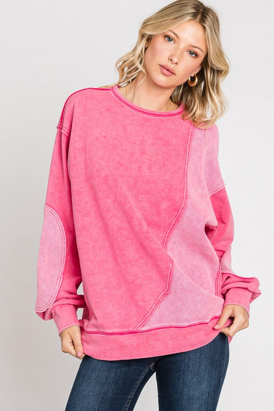 Sewn+Seen Solid Color French Terry Top with Thermal Patches in Vintage Fuchsia Shirts & Tops Sewn+Seen   
