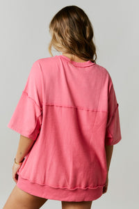 Peach Love Loose Fit Henley Sweatshirt in Hot Pink Shirts & Tops Peach Love California   