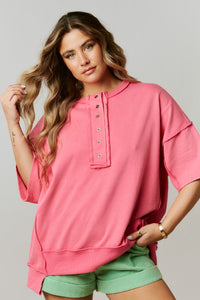 Peach Love Loose Fit Henley Sweatshirt in Hot Pink Shirts & Tops Peach Love California   