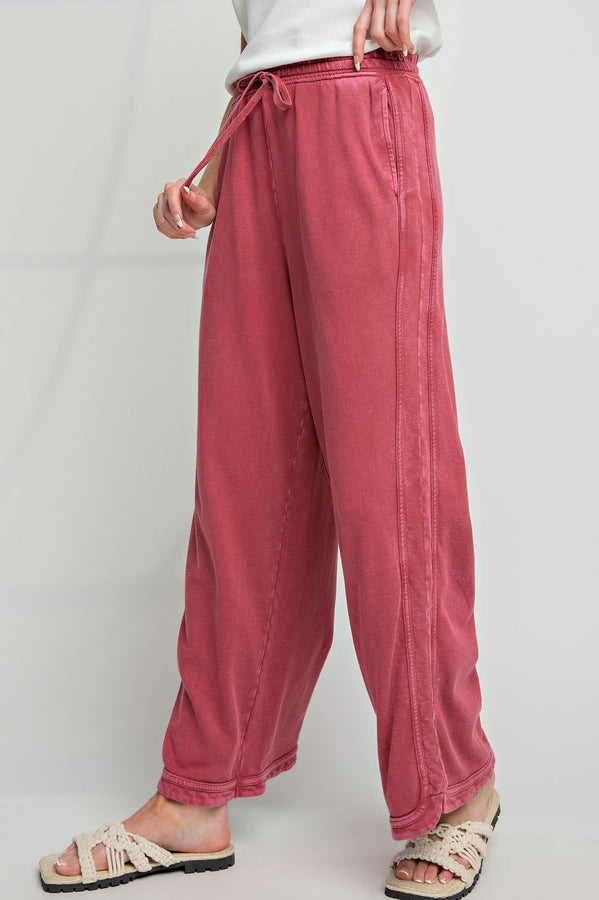 Easel Mineral Washed Terry Knit Pants in Wine Pants Easel   