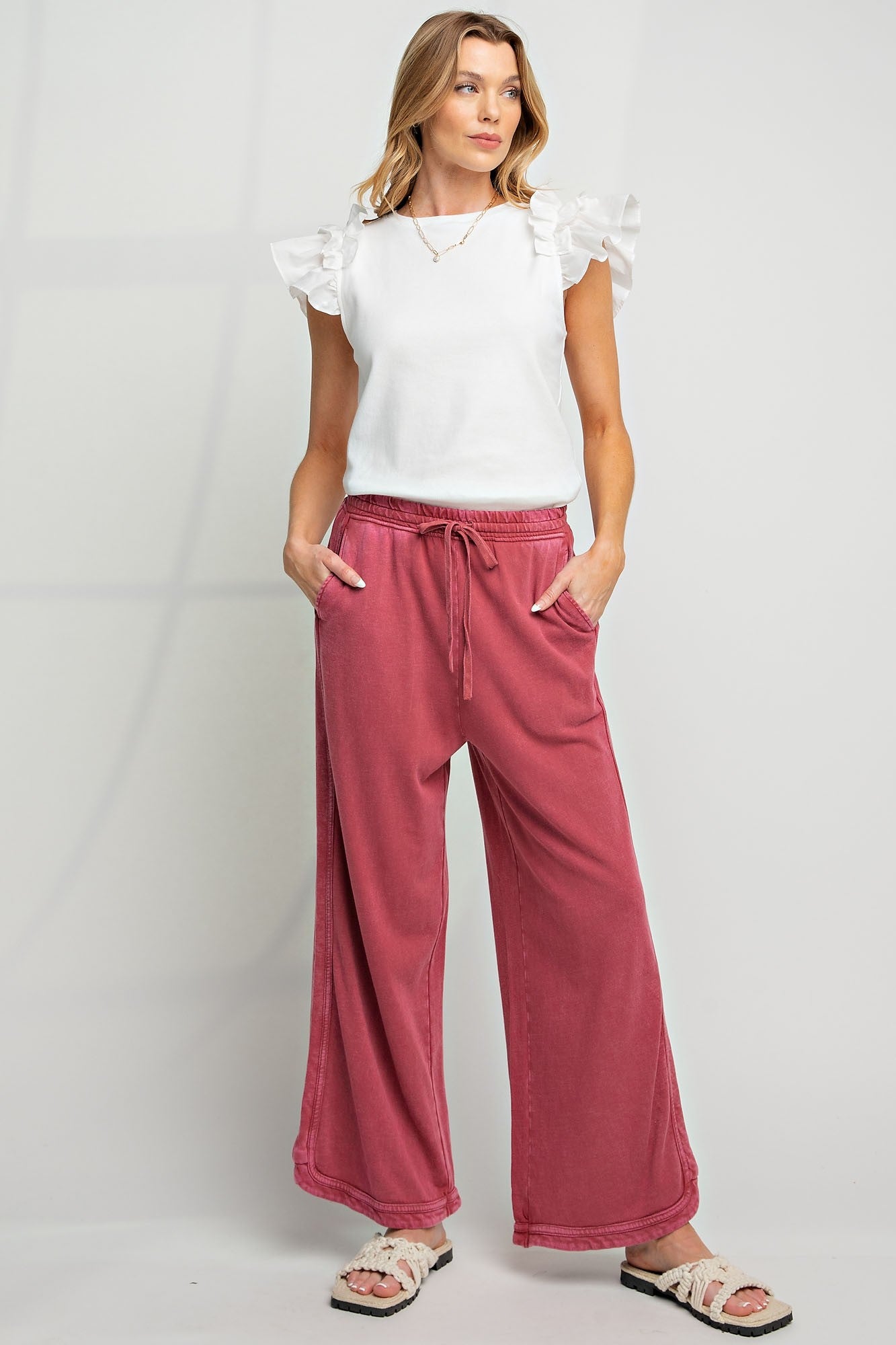 Easel Mineral Washed Terry Knit Pants in Wine – June Adel