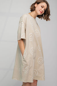 Easel Smiley Face Print T Shirt Dress in Khaki ON ORDER MID OCTOBER ARRIVAL Dress Easel   