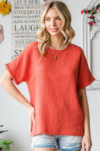 First Love Solid Color Cotton Gauze Top in Tangerine Shirts & Tops First Love   