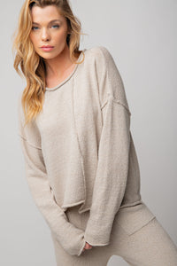 Easel Knitted Uneven Hem Sweater Lounge Top in Stone (TOP ONLY) Shirts & Tops Easel   