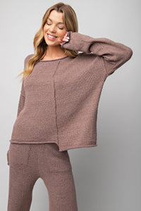 Easel Knitted Uneven Hem Sweater Lounge Top in Chocolate (TOP ONLY) Top Easel   