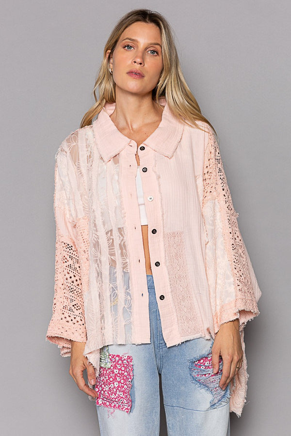 POL Contrasting Multi Fabric Top in Light Peach Shirts & Tops POL Clothing   