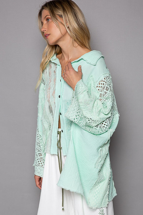 POL Contrasting Multi Fabric Top in Pale Mint Shirts & Tops POL Clothing   