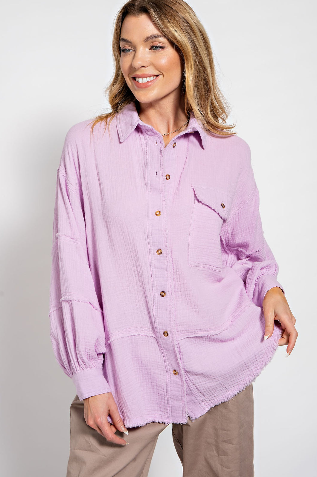 Easel Loose Fit Gauze Top in Lilac Pink Shirts & Tops Easel   