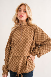 Checkerboard Print Windbreaker in Brown Shirts & Tops And The Why   