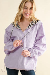Solid Color Windbreaker with Hoodie Leopard Print Details in Lavender Shirts & Tops And The Why   