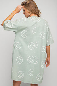 Easel Smiley Face Print T Shirt Dress in Sage Dress Easel   