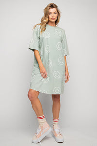 Easel Smiley Face Print T Shirt Dress in Sage Dress Easel   