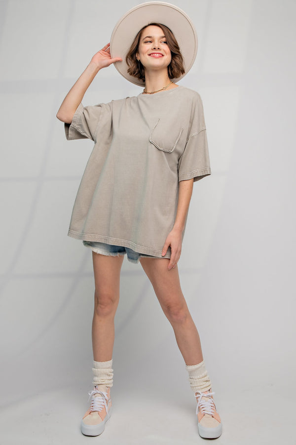 Easel Short Sleeve Mineral Wash Tunic Top in Light Mud Shirts & Tops Easel   
