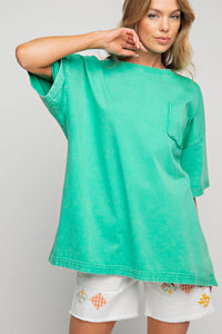 Easel Short Sleeve Mineral Wash Tunic Top in Evergreen Shirts & Tops Easel   