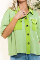 Oddi Solid Color Waffle Knit Short Sleeve Jacket in Washed Lime