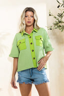 Oddi Solid Color Waffle Knit Short Sleeve Jacket in Washed Lime