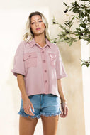 Oddi Solid Color Waffle Knit Short Sleeve Jacket in Washed Lavender