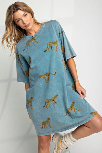 Easel Cheetah Print T Shirt Dress in Washed Denim 2XL at June Adel