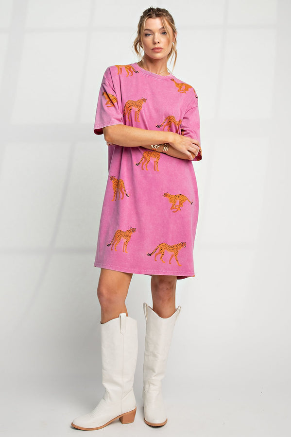 Easel Cheetah Print T Shirt Dress in Magenta Dress Easel   