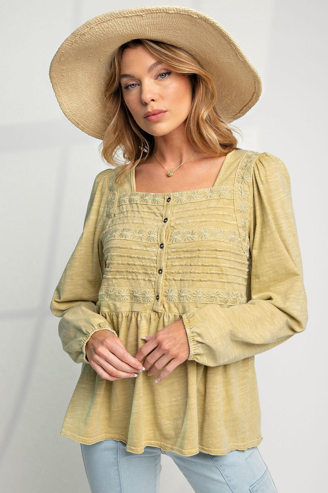 Easel Embroidered Babydoll Top in Avocado Shirts & Tops Easel   