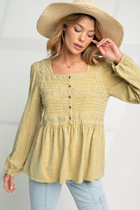 Easel Embroidered Babydoll Top in Avocado Shirts & Tops Easel   