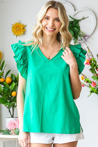 First Love Solid Color Linen Top in Green Shirts & Tops First Love   