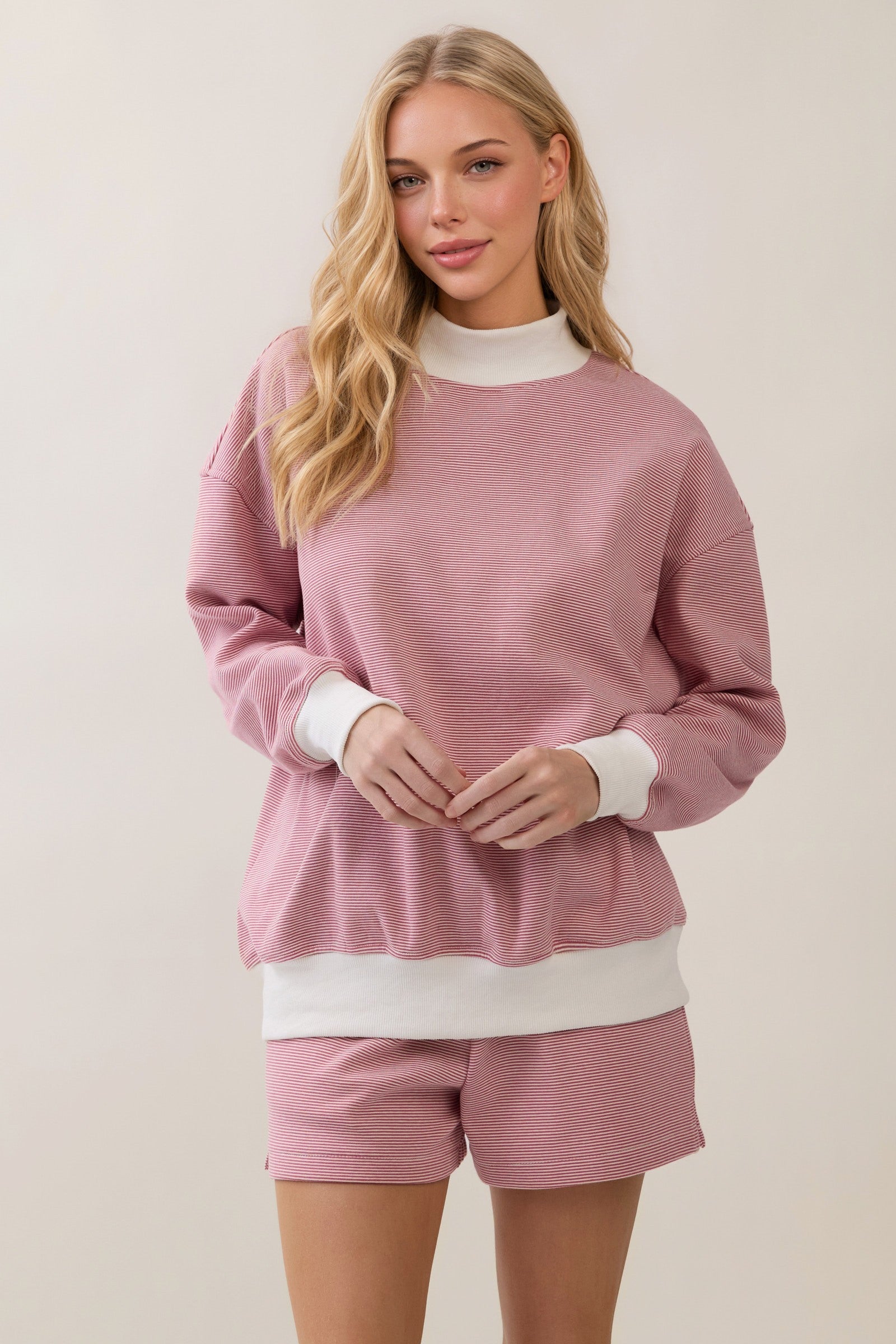 Veveret Mock Neck Striped Sweatshirt in Dusty Rose – June Adel
