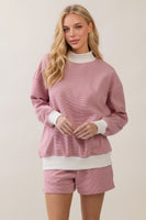 Veveret Mock Neck Striped Sweatshirt in Dusty Rose