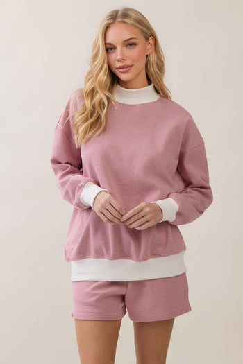 Veveret Mock Neck Striped Sweatshirt in Dusty Rose