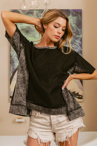 BiBi Mineral Washed French Terry Top in Black Charcoal