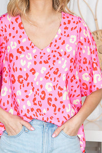 Cotton Bleu Leopard Print V Neck Top in Pink Combo Shirts & Tops cotton bleu   