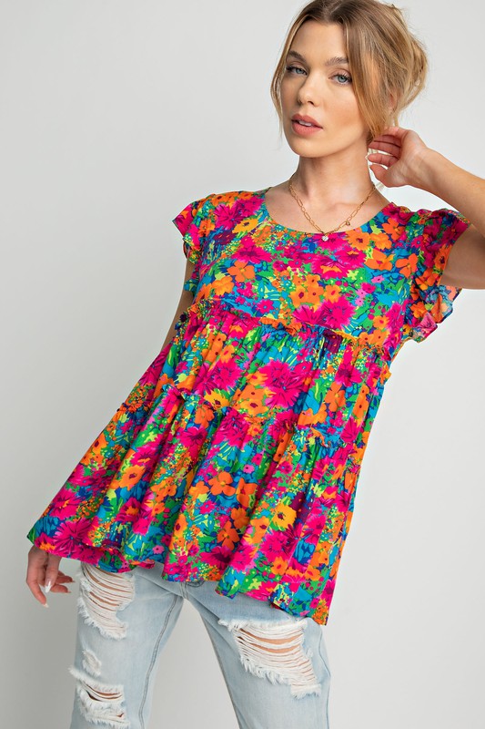 Easel Floral Babydoll Top in Fuchsia Top Easel   