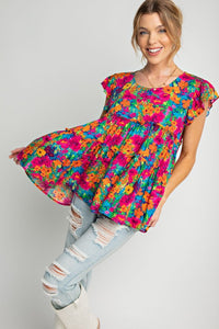 Easel Floral Babydoll Top in Fuchsia Top Easel   