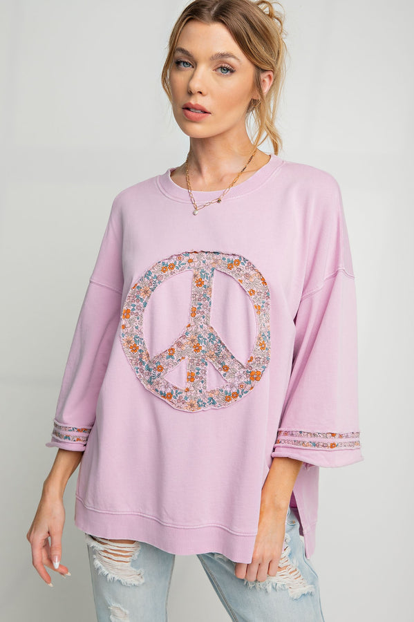 Easel Floral Peace Sign Pullover in Cotton Candy Shirts & Tops Easel   