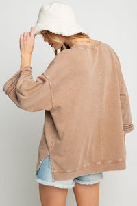 Easel Floral Peace Sign Pullover in Mocha ON ORDER ESTIMATED ARRIVAL JANUARY Shirts & Tops Easel   