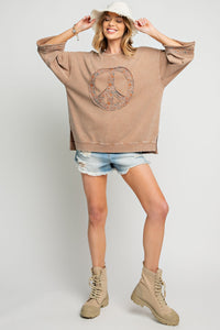 Easel Floral Peace Sign Pullover in Mocha ON ORDER ESTIMATED ARRIVAL JANUARY Shirts & Tops Easel   