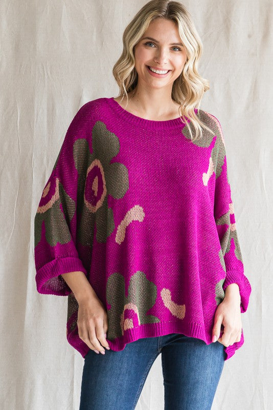 Jodifl Flower Print Knit Sweater in Magenta Shirts & Tops Jodifl   