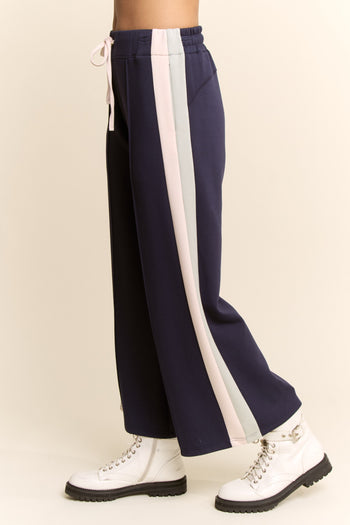 Davi & Dani Side Stripe Wide Leg Pants in Navy Mint