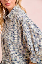 Load image into Gallery viewer, BiBi Floral Embroidery Grid Checked Ruffled Hem Button-Up Top in Navy
