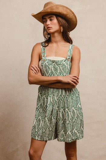 BiBi Floral Print Short Overalls in Sage
