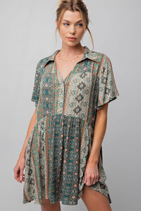 Easel Mixed Print  Button Down Shirt Dress in Sage  Easel   
