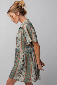 Easel Mixed Print  Button Down Shirt Dress in Sage  Easel   