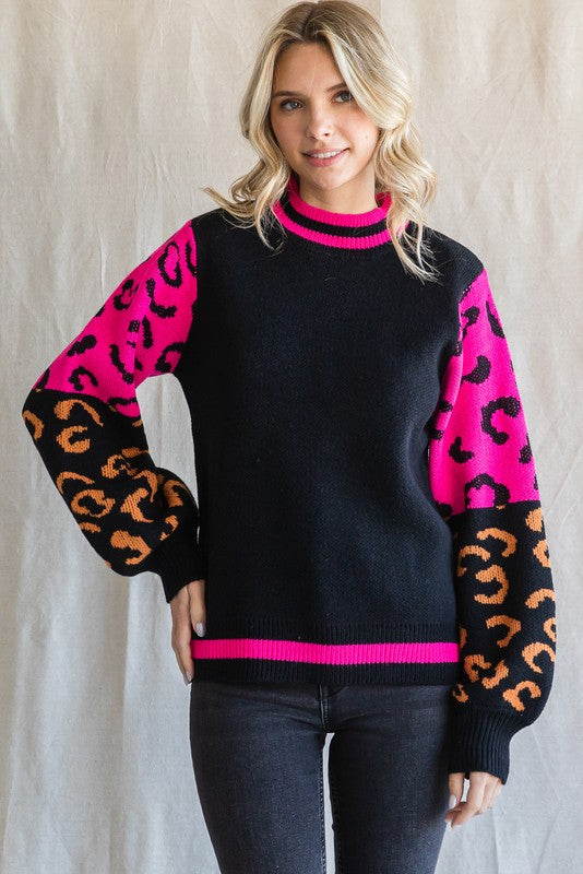 Jodifl Colorblock Leopard Print Knit Sweater in Black Sweaters Jodifl   