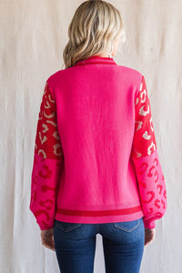 Jodifl Colorblock Leopard Print Knit Sweater in Hot Pink Sweaters Jodifl   