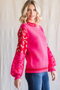 Jodifl Colorblock Leopard Print Knit Sweater in Hot Pink Sweaters Jodifl   