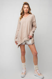 Easel Long Sleeve Sharkbite Hem Tunic in Light Mushroom Shirts & Tops Easel   