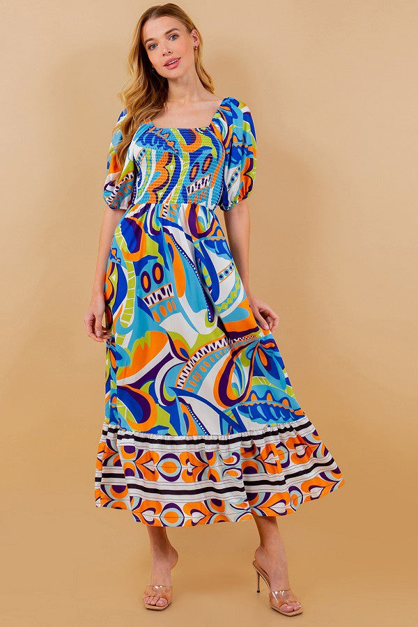 SundayUp Swirl Print Smocked Top Maxi Dress in Blue Dress SundayUp   